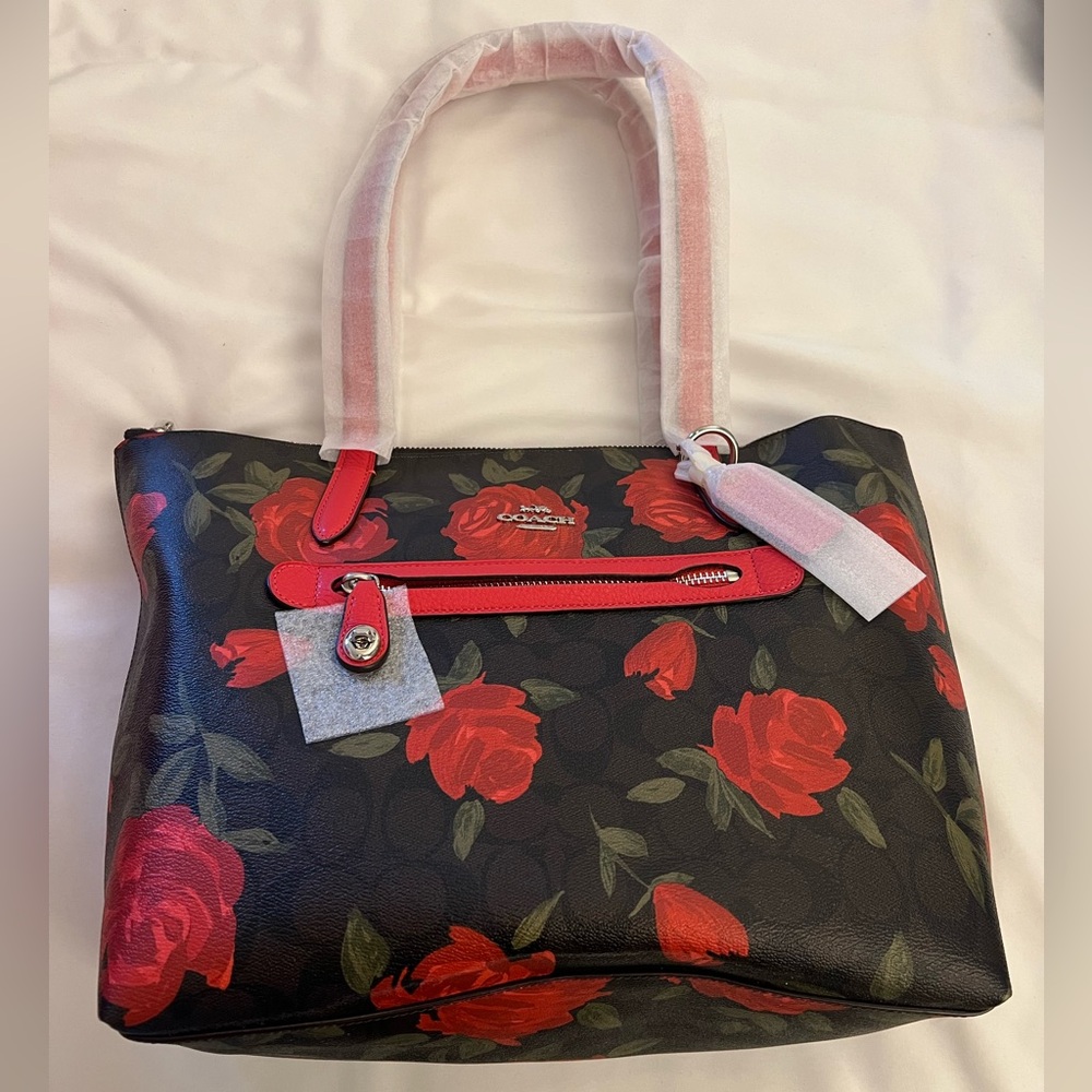 Coach Black and Red Rose Print Tote NWT